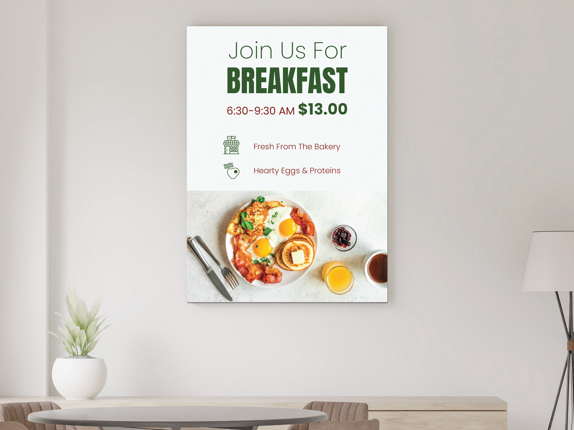 A restaurant styrene sign displays the breakfast hours, price, and illustrates a plate of appetizing omelette.