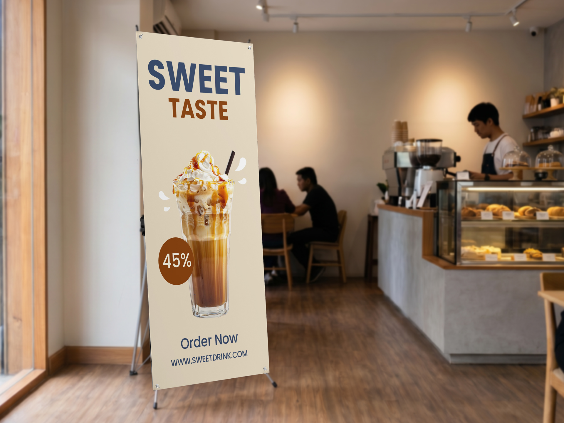 x frame sign displayed in a cafe showcasing 45% off