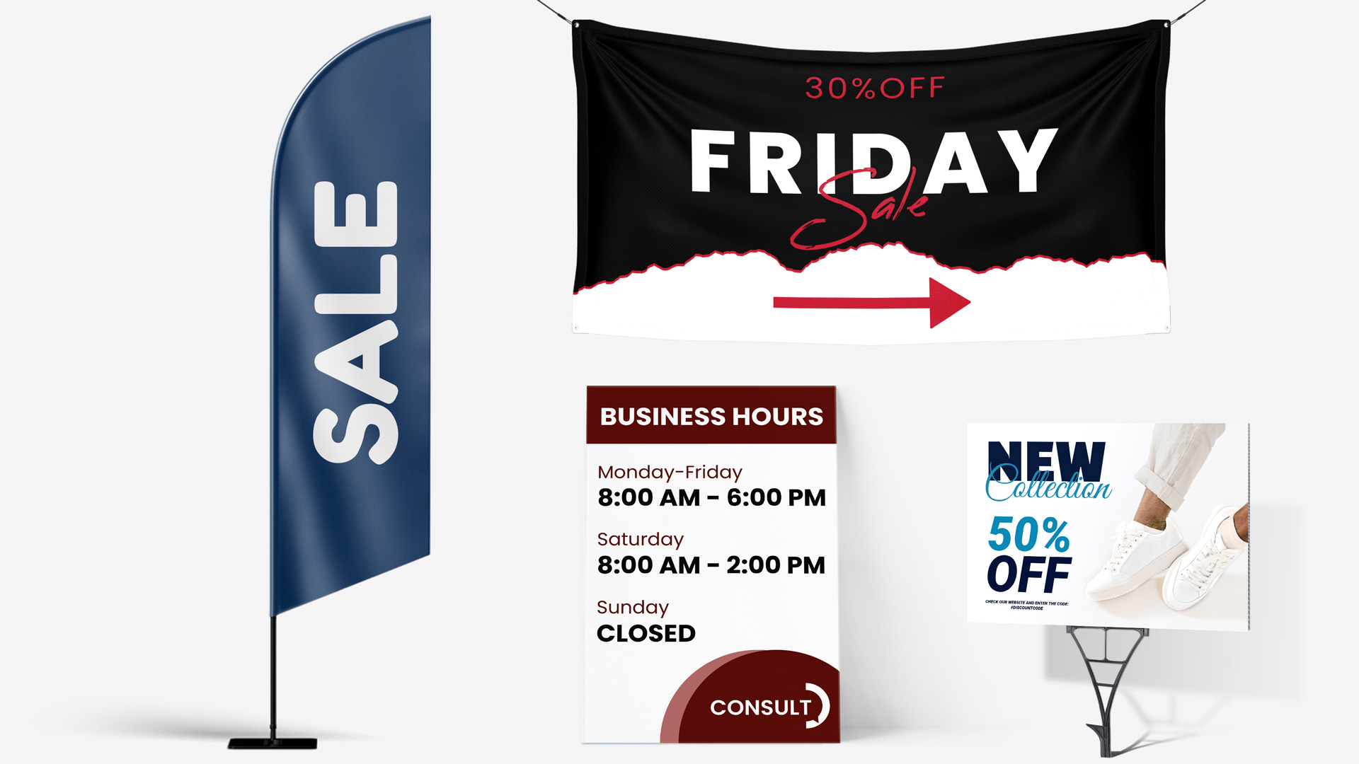 Signage for retail stores displaying sales, promotions and business hours.