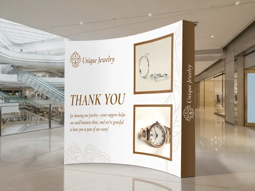 Retail store curved pop up display with thank you jewelry design