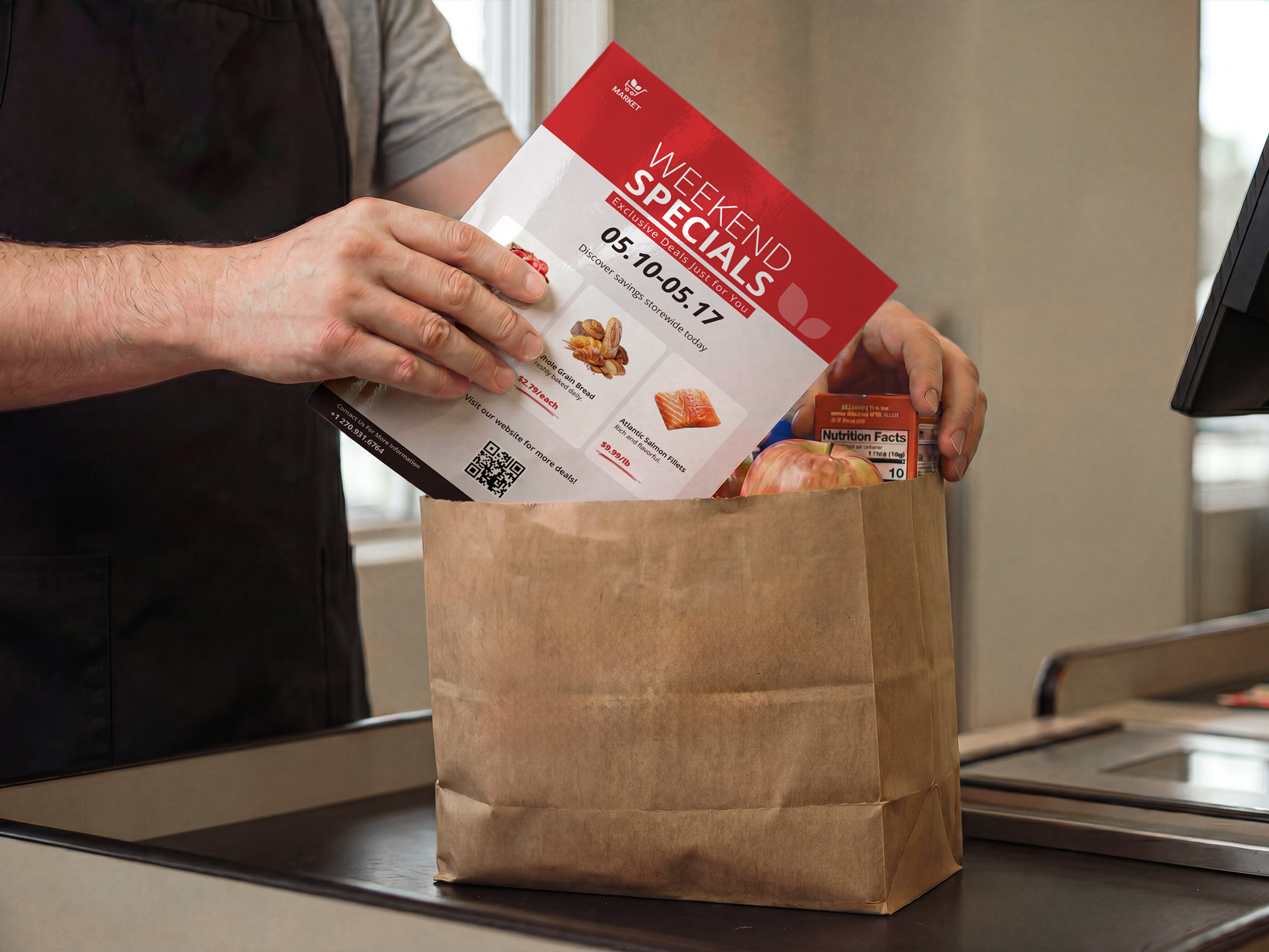 Promotional flyer for a retail store with a weekend special offer