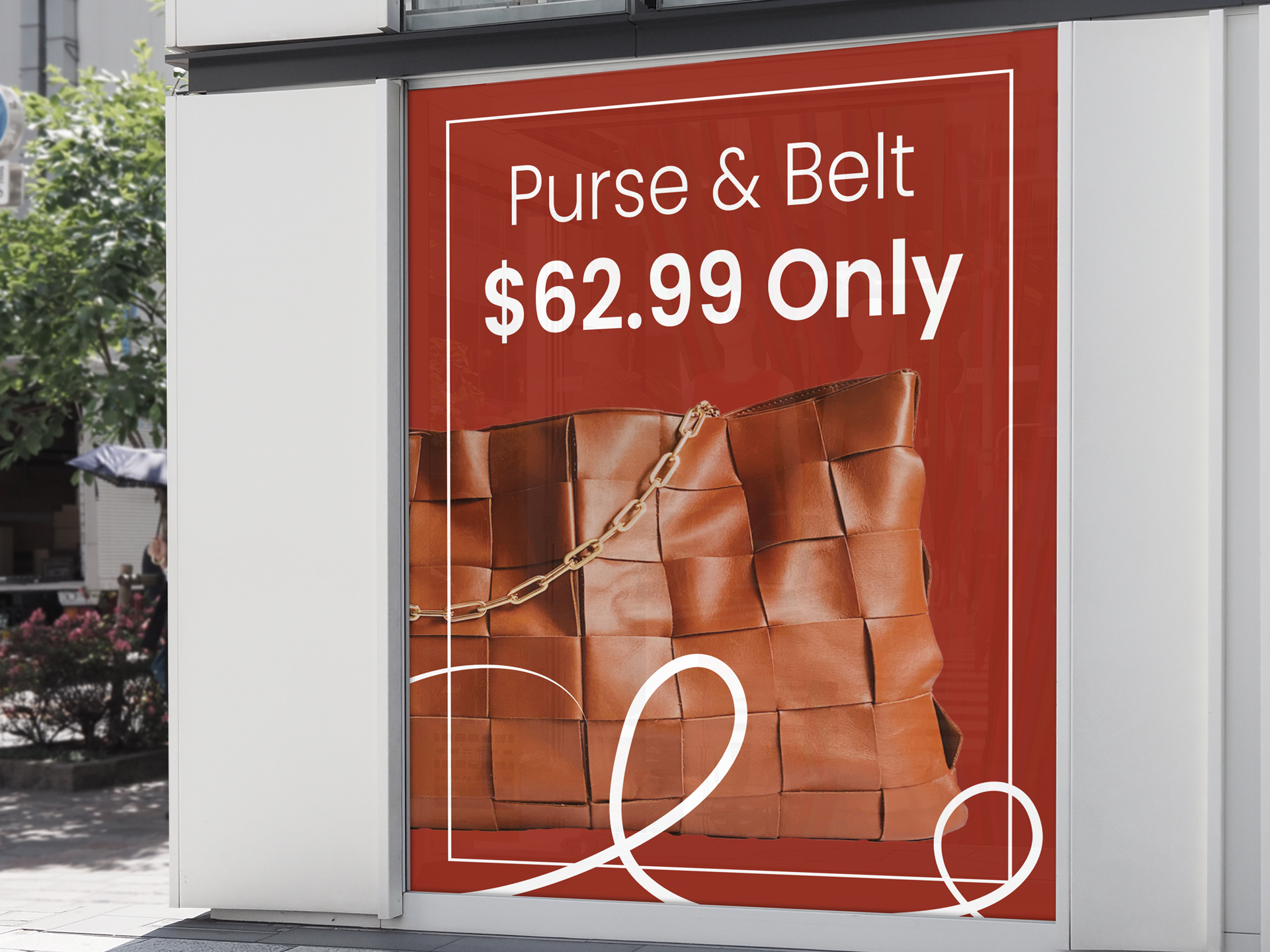 Retail storefront window signage featuring product image and promotion information.