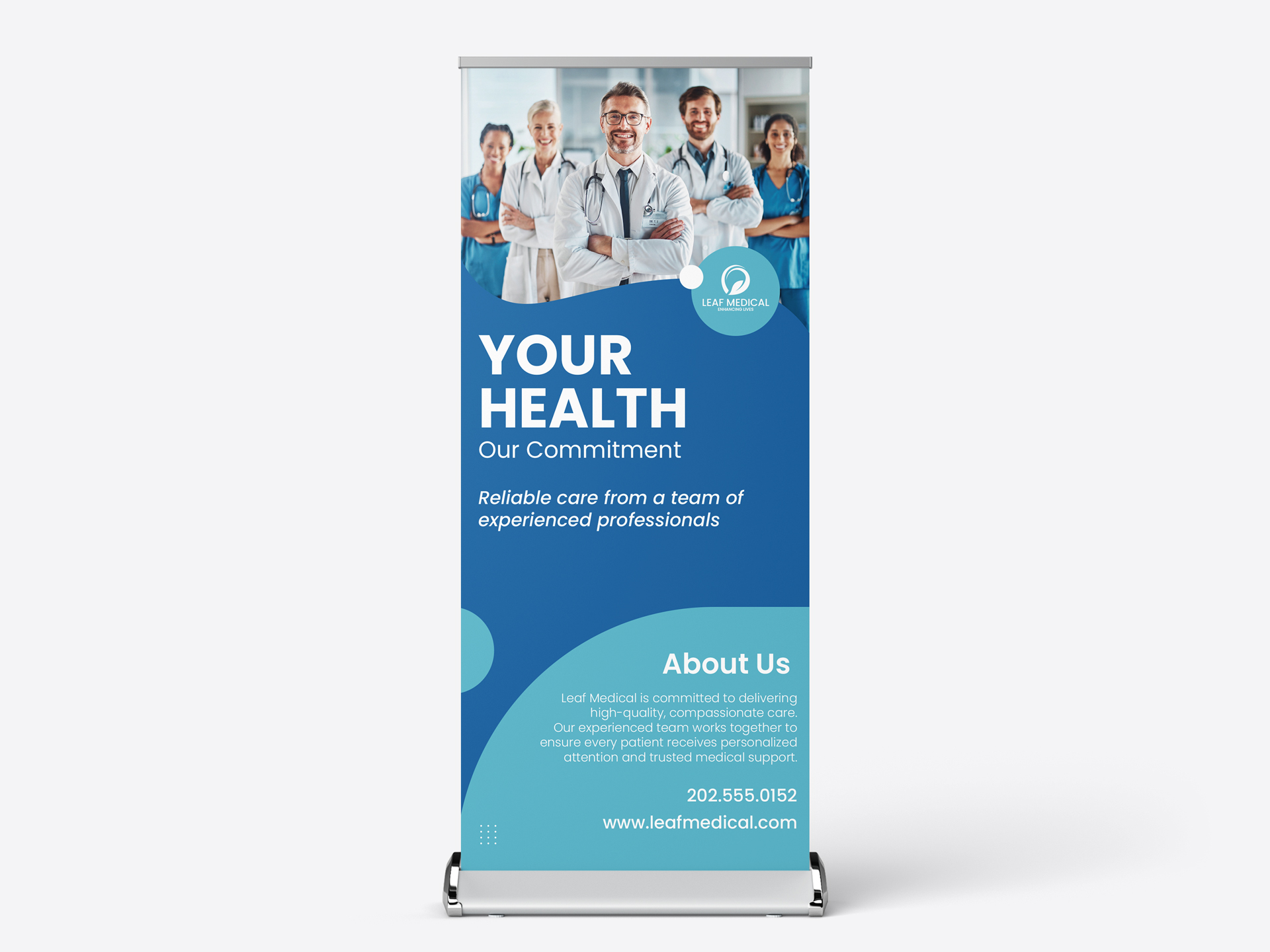 Retractable banner for medical clinic featuring healthcare professionals and services.
