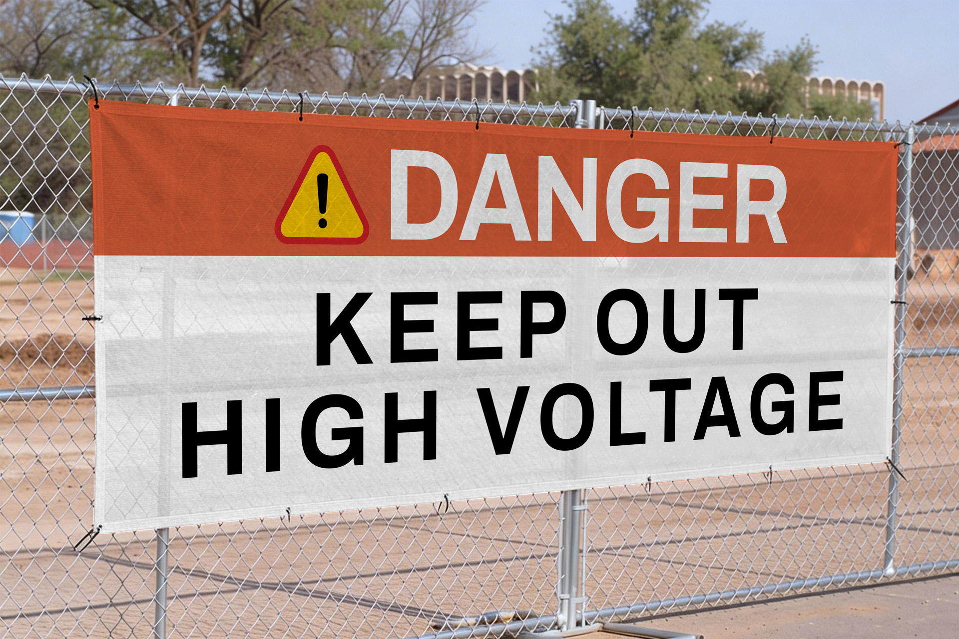 Public safety mesh banner on the fence displaying a safety message