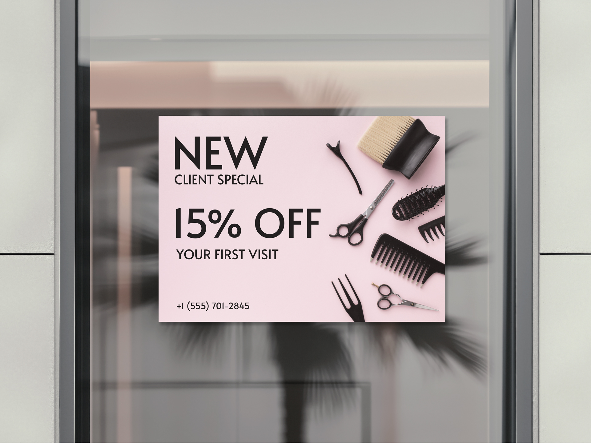Hair salon window graphics showcasing sales information.