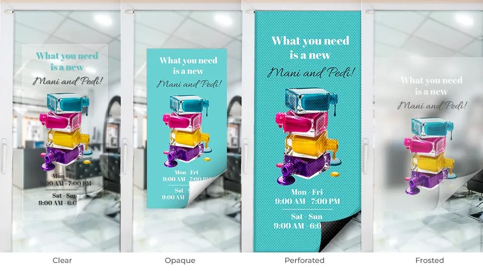 4 types of salon window decals displaying the difference between available vinyl materials.