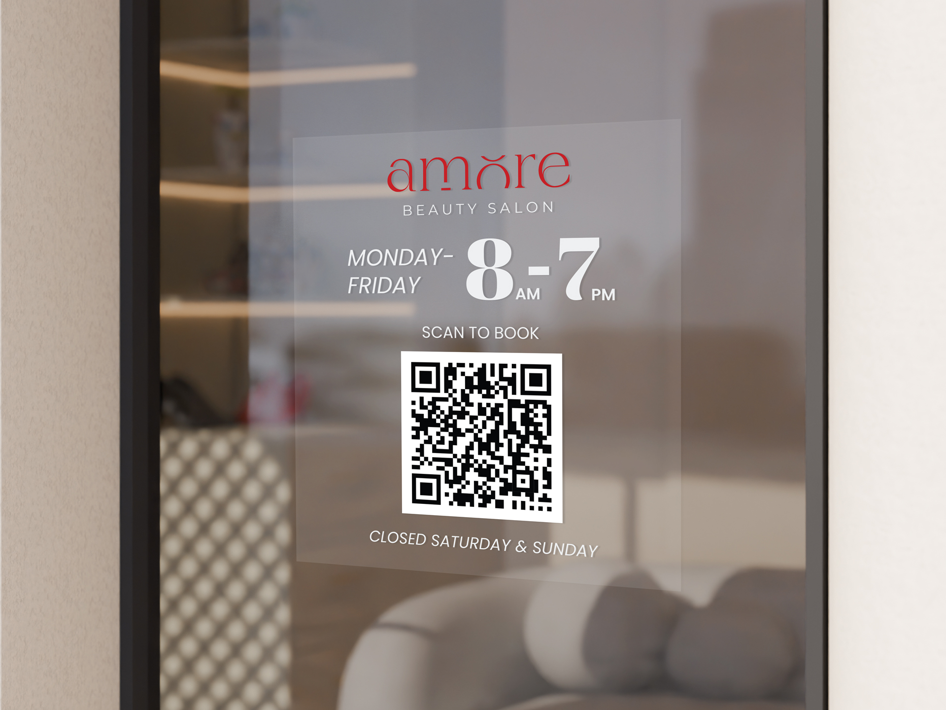 Clear salon window decal featuring business hours and a QR code.
