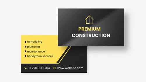 Black and yellow construction shaped business cards featuring the list of services