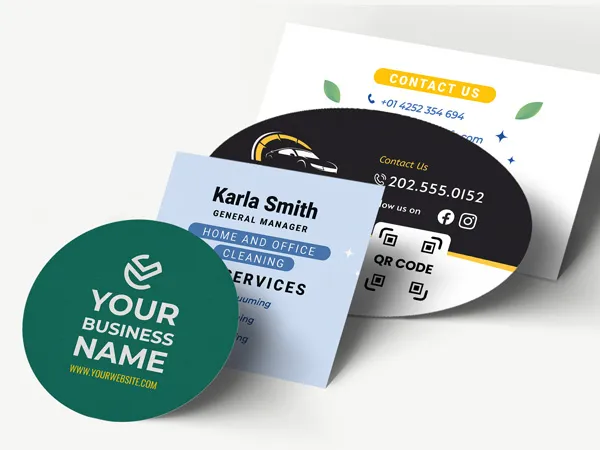 Shaped business cards in various shapes and colors for different industries