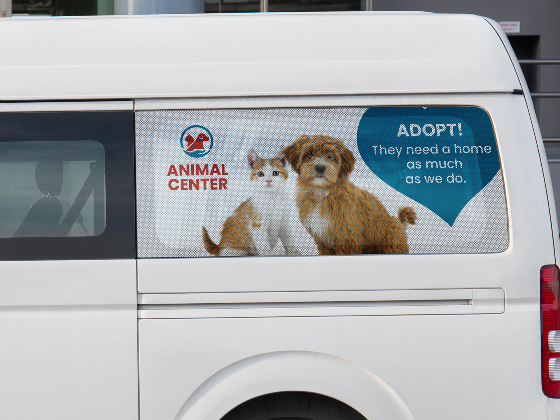 Custom-made car window advertising sticker with an animal center branding.