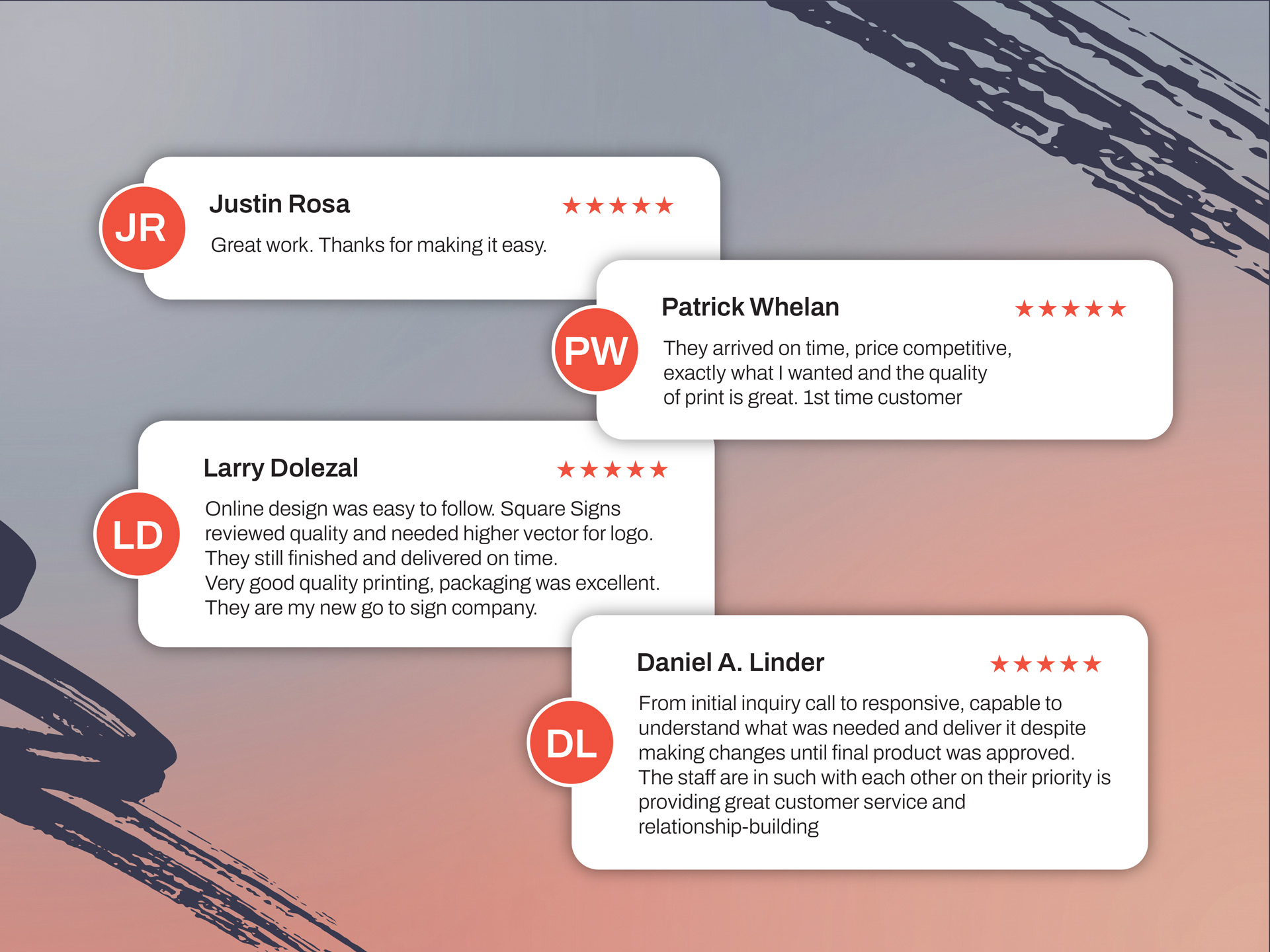 Illustration of five-star Square Signs customer reviews praising print quality and delivery