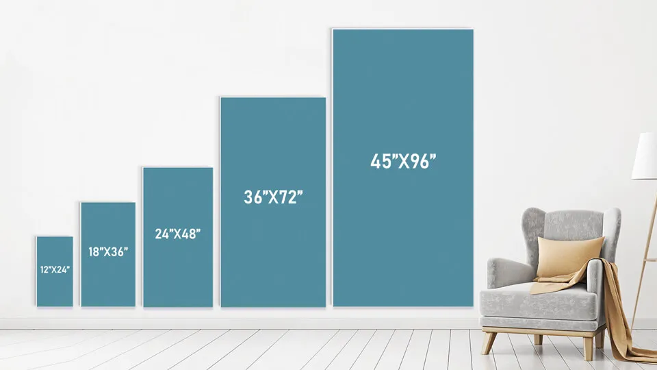 Ultra board signs in different sizes in a living room environment..