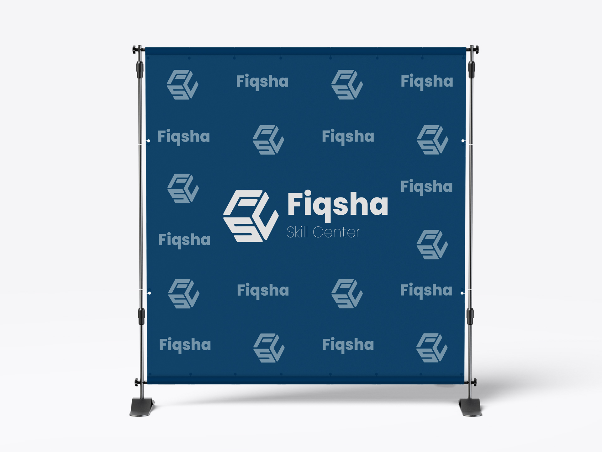 A blue step and repeat banner featuring a repeated pattern the brand logo.