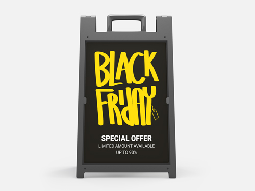 Black Friday A-frame sign with bold yellow text, special offer, limited supply up to 50% off.