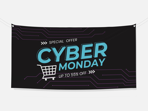 A Cyber Monday custom banner on black with bright cyan text, shopping cart icon, and a discount offer.