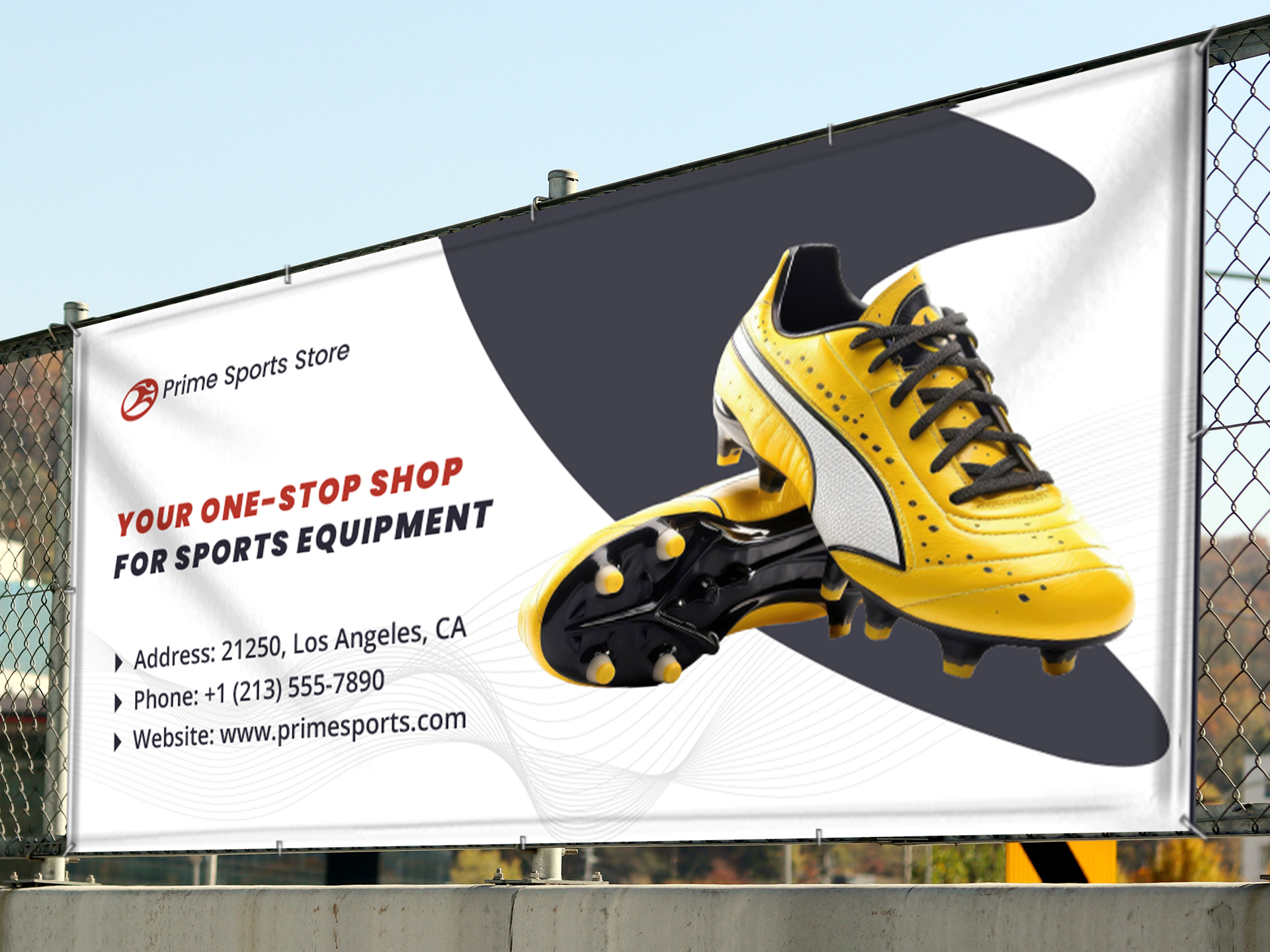 Soccer banner promoting a sports equipment shop placed along a field fence.