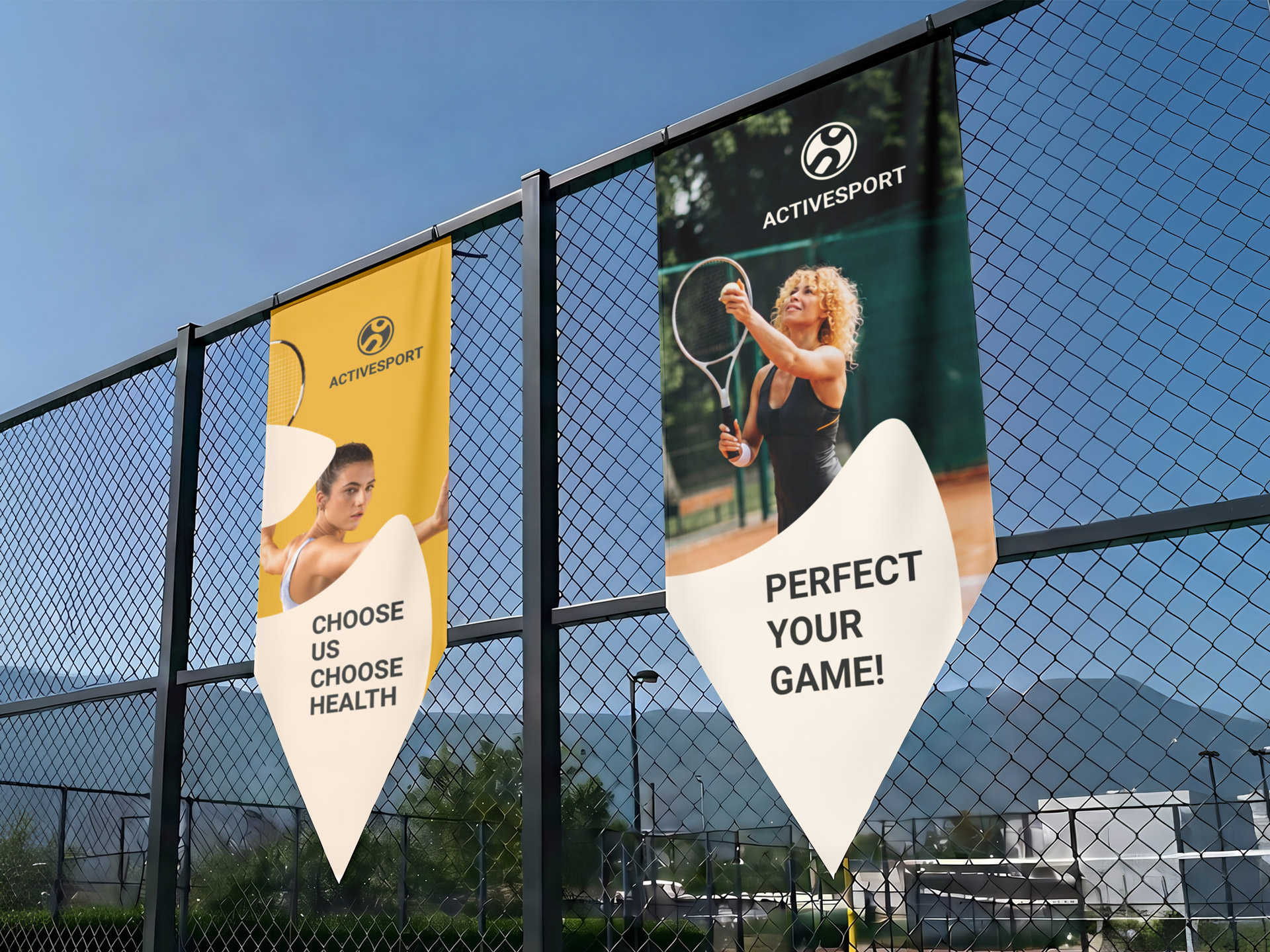 modern pennant flag banners displayed on a fence