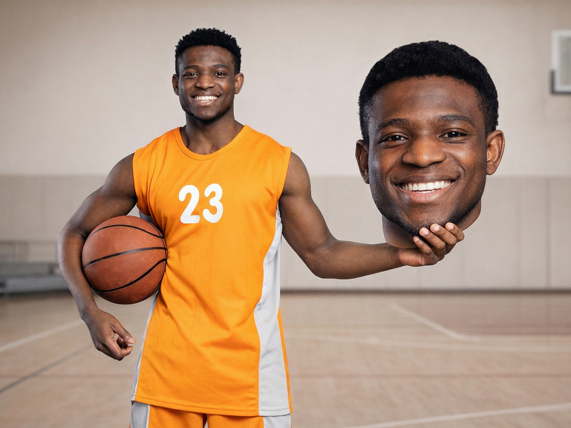 athlete holding big head cutout