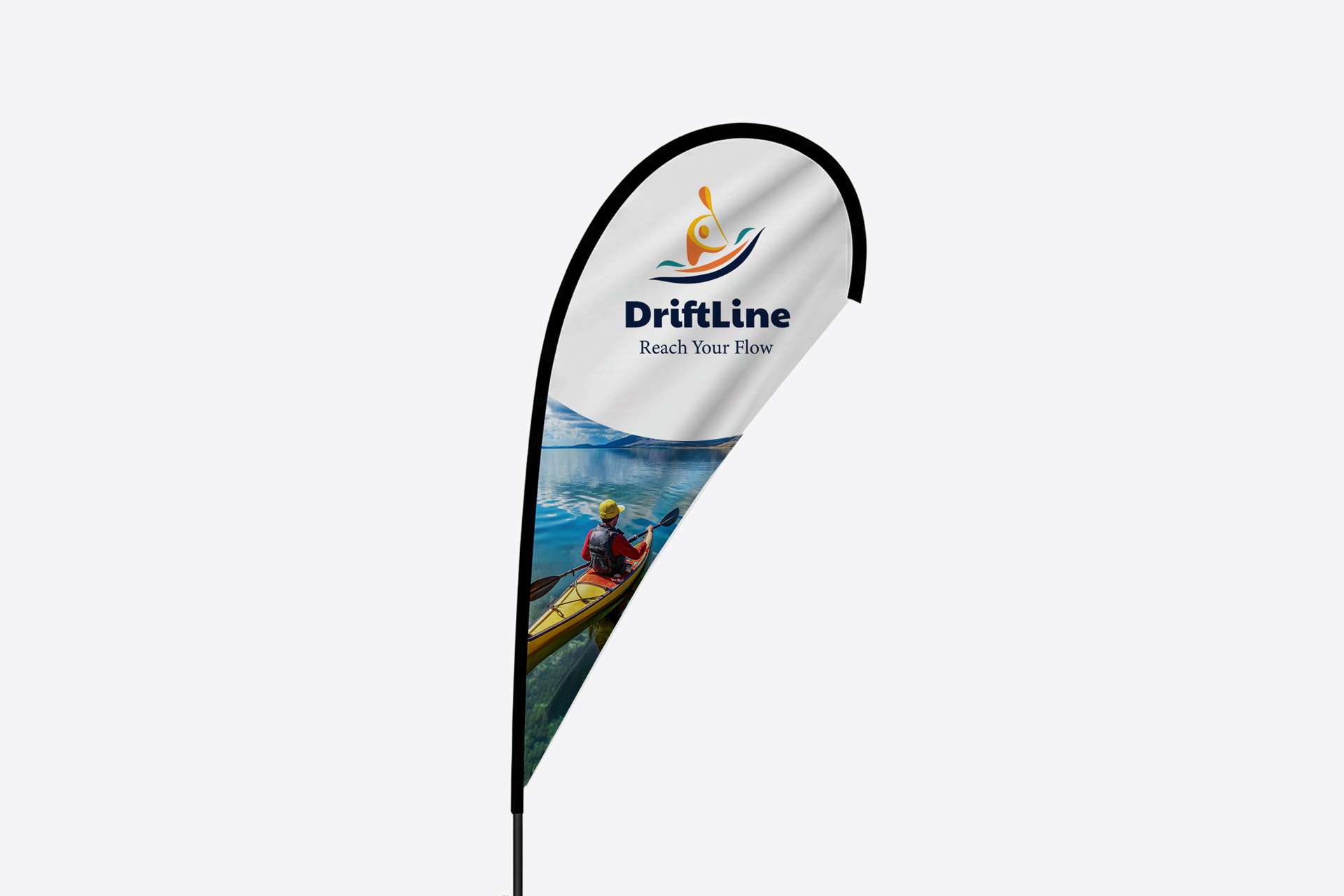 promotional teardrop flag displaying brand logo and tagline