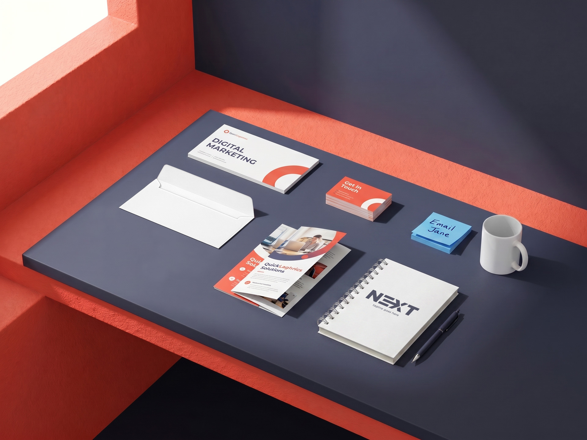 Custom branded print products including business cards, brochures, envelope and notebook on a desk