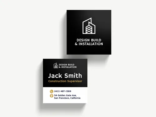 Square construction business cards with company representative name in black and white