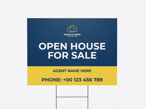 Open House For Sale yard sign leaving a space for the agent's name and phone number.