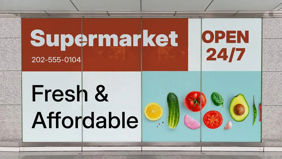 Informative store window decals for a supermarket featuring contact info and a slogan