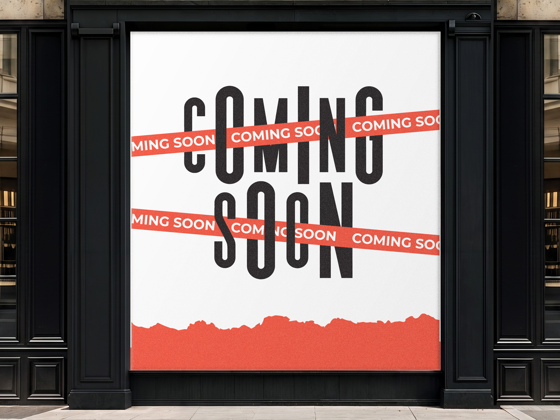 Storefront vinyl graphics with Coming soon messaging.