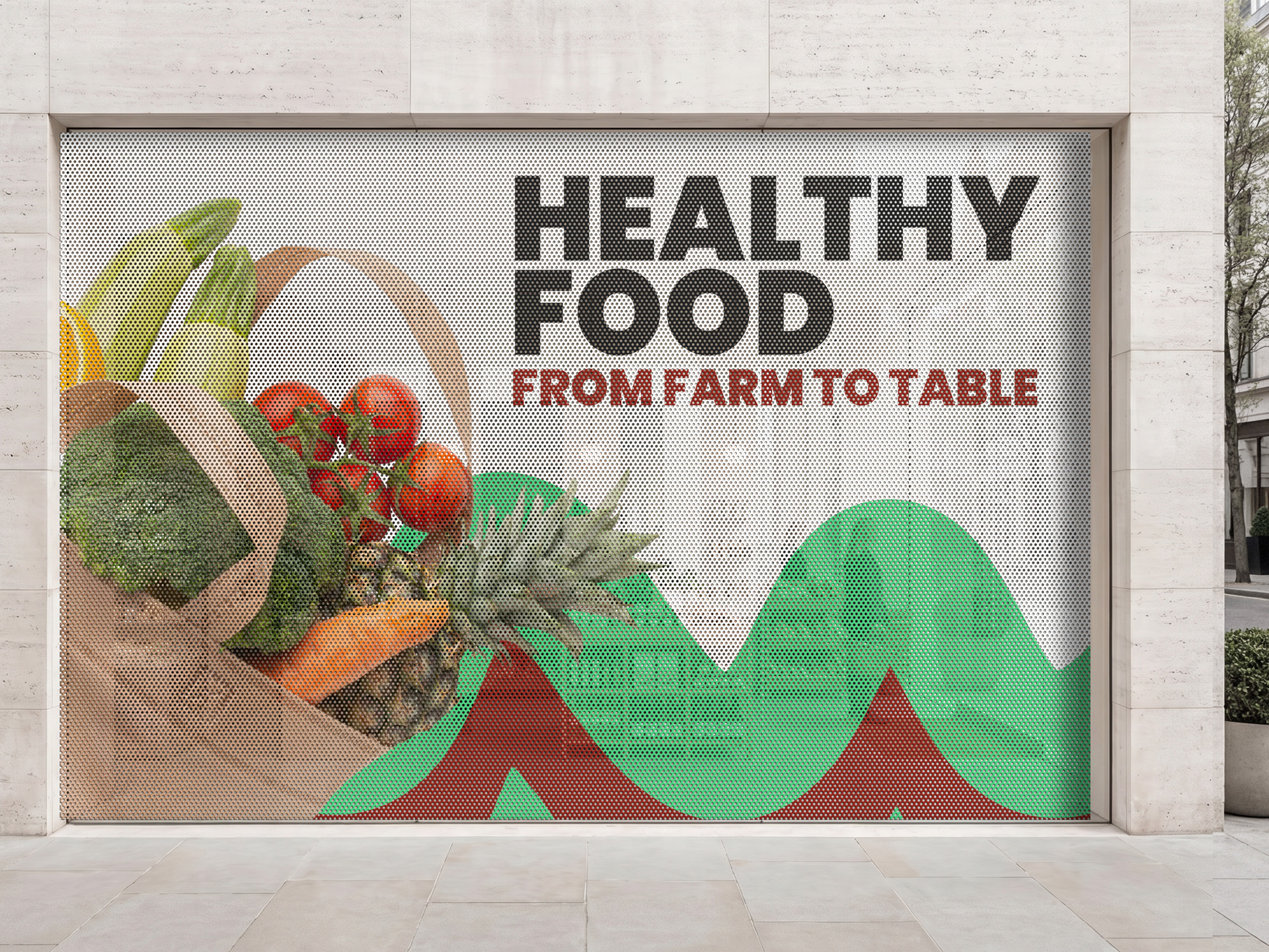 Healthy food store window decal made with perforated material.