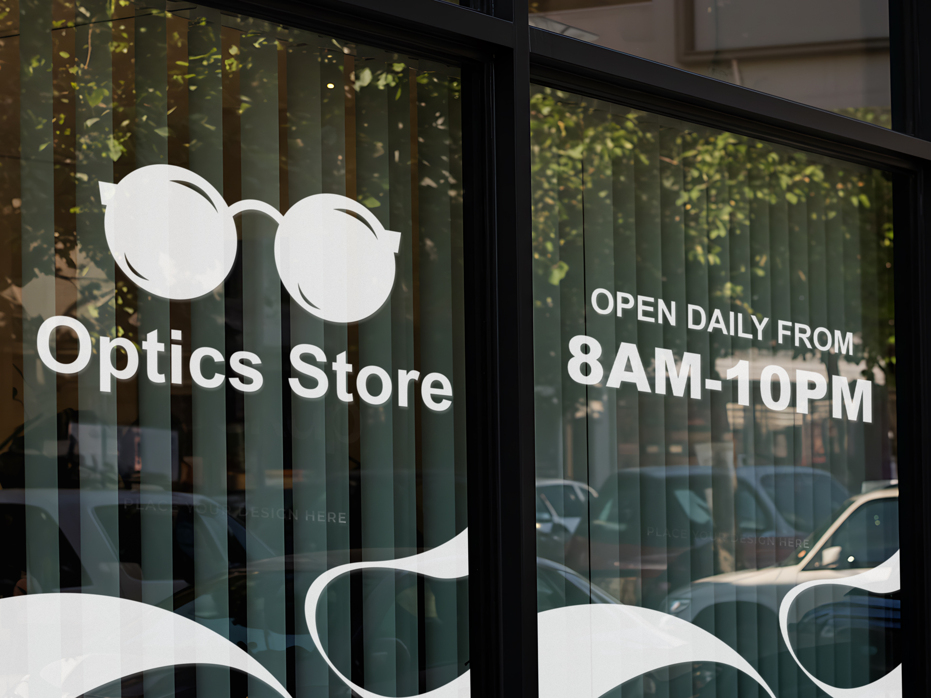 Retail window signage showcasing company logo and business hours.