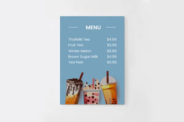 Styrene menu sign with three plastic takeaway cups with dome lids.