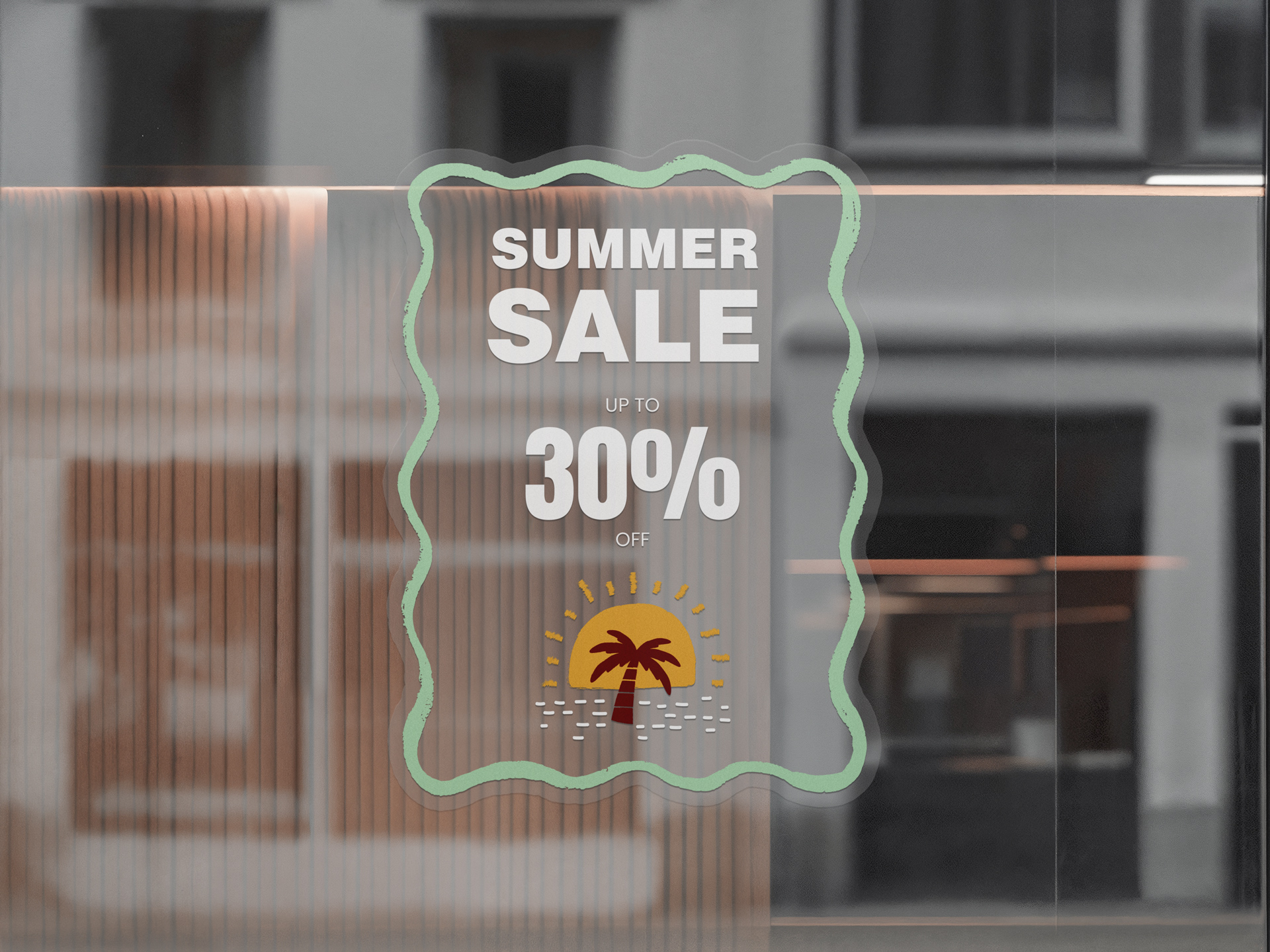 custom-shaped clear decal installed on a window advertising summer sales