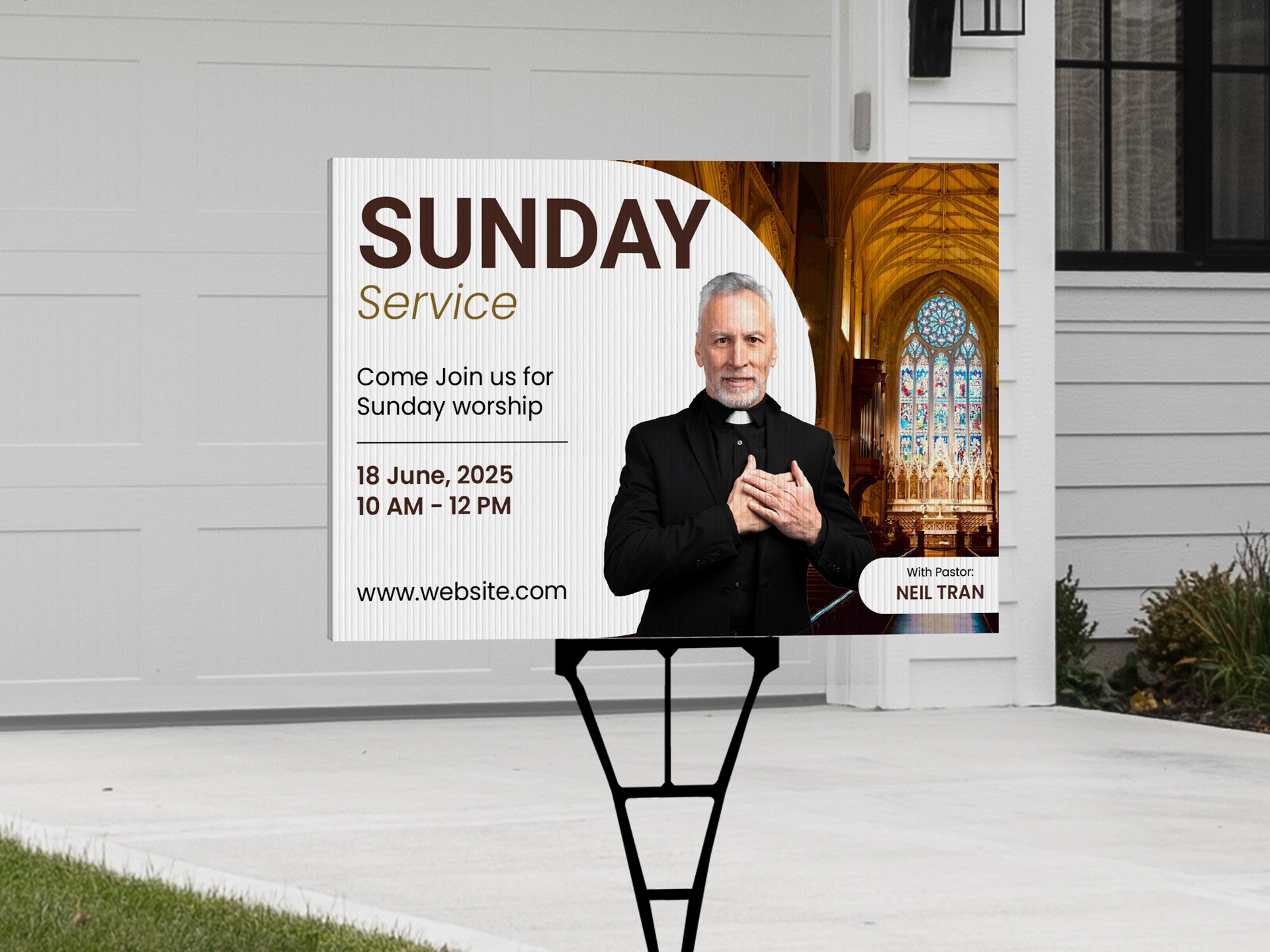Sunday service event church lawn sign showing a pastor's image and event date.