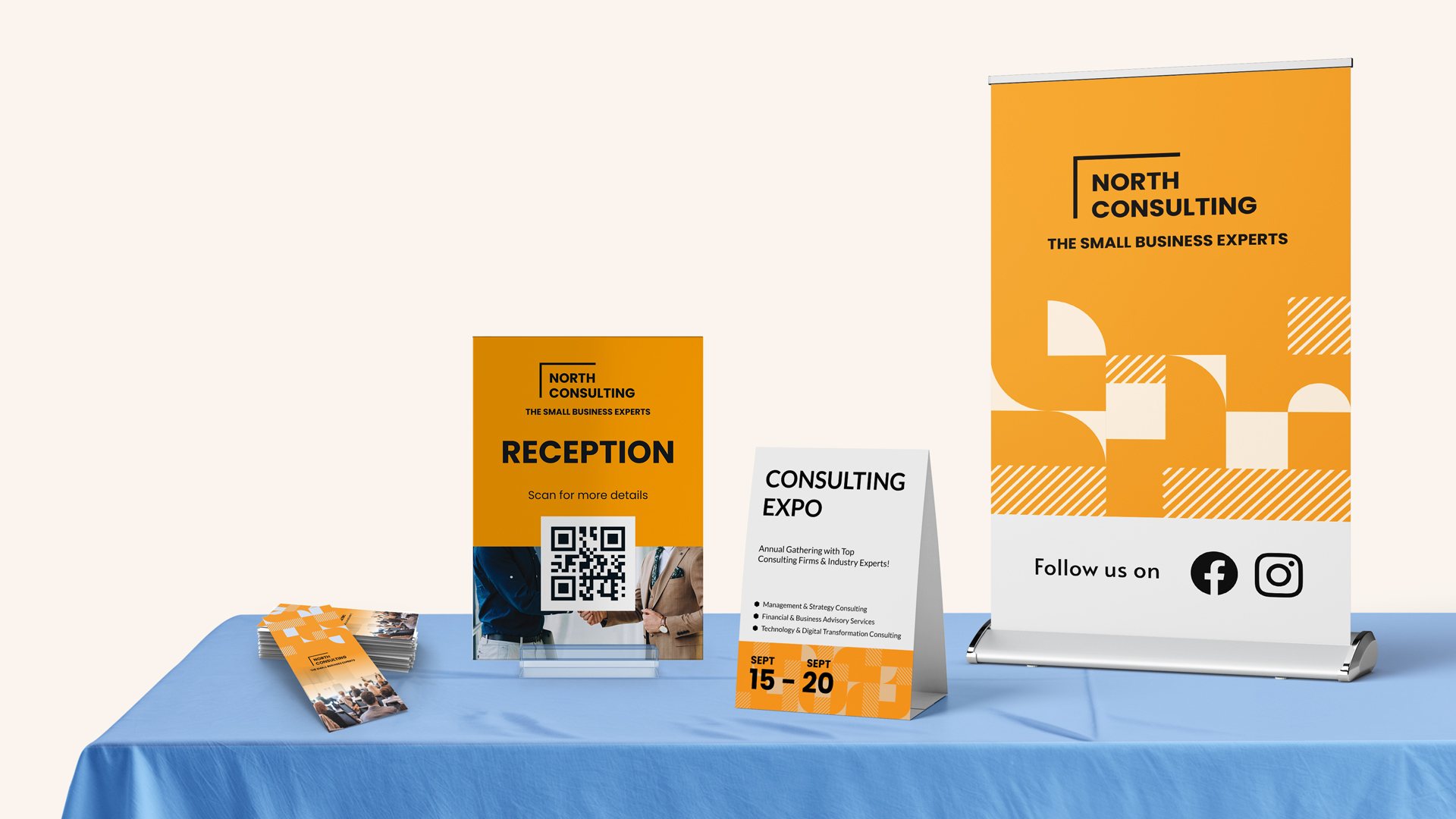North Consulting table signs, including tabletop retractable banners, table tents, and promotional materials.