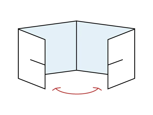Open cardboard box with flaps extended and curved arrow indicating rotation or assembly.