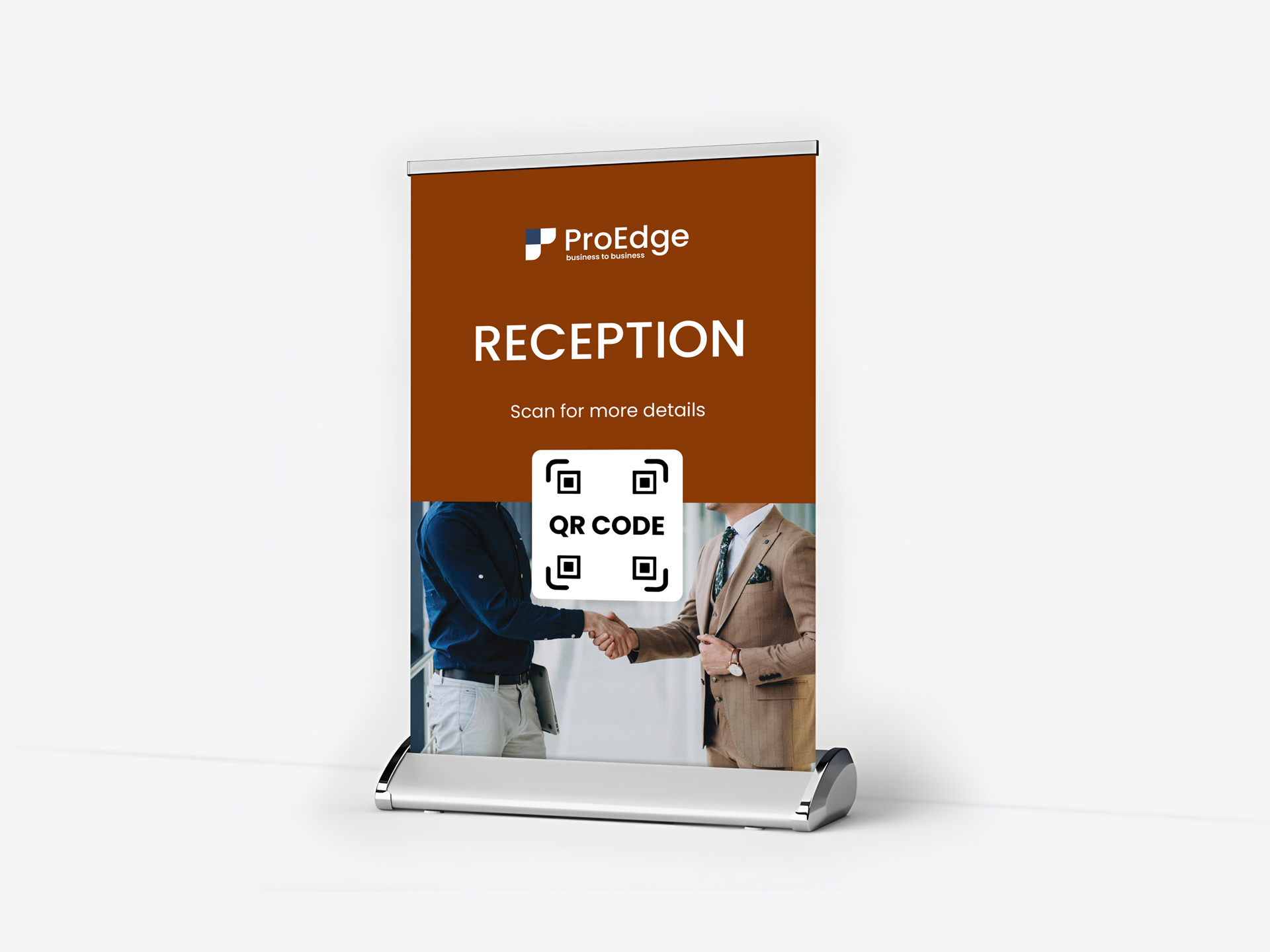 A tabletop retractable banner featuring a QR code installed in the reception area.
