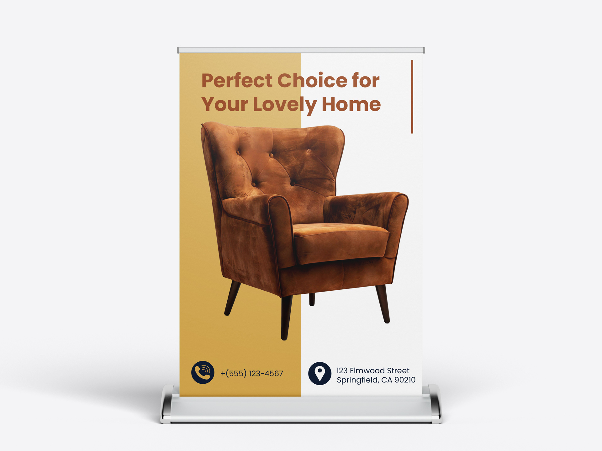 Tabletop retractable banner advertising furniture with brown armchair on gold background.