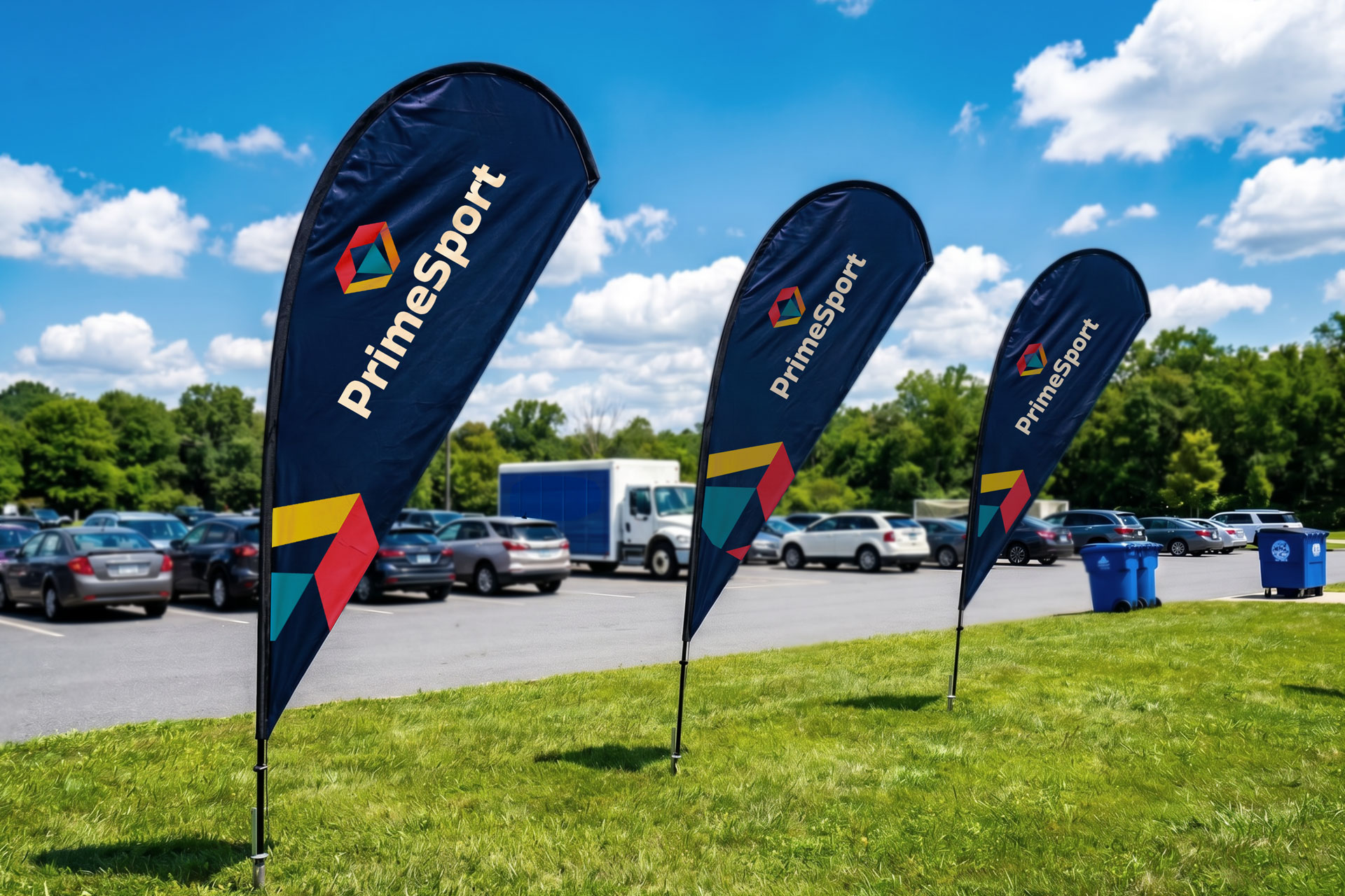 bold teardrop banner flags promoting outside event with branded elements