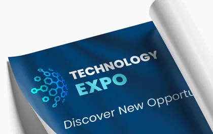 Fabric material exterior banner for technology expo on the blue background