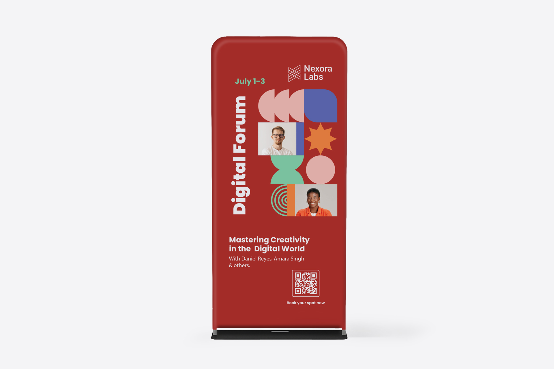 Red tension fabric stand with event graphics