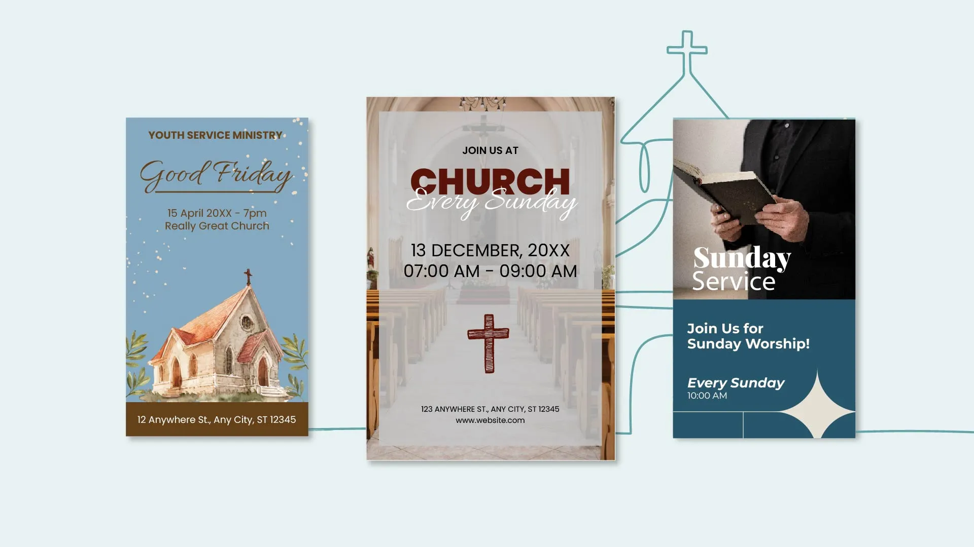 Gradient church signs announcing upcoming events and worship services