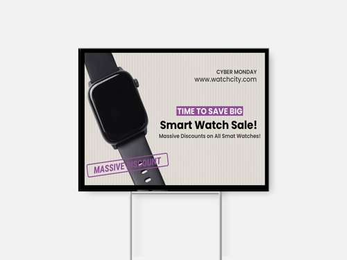 A cyber Monday yard sign advertising smart watch sale with massive discounts at watchcity.com"