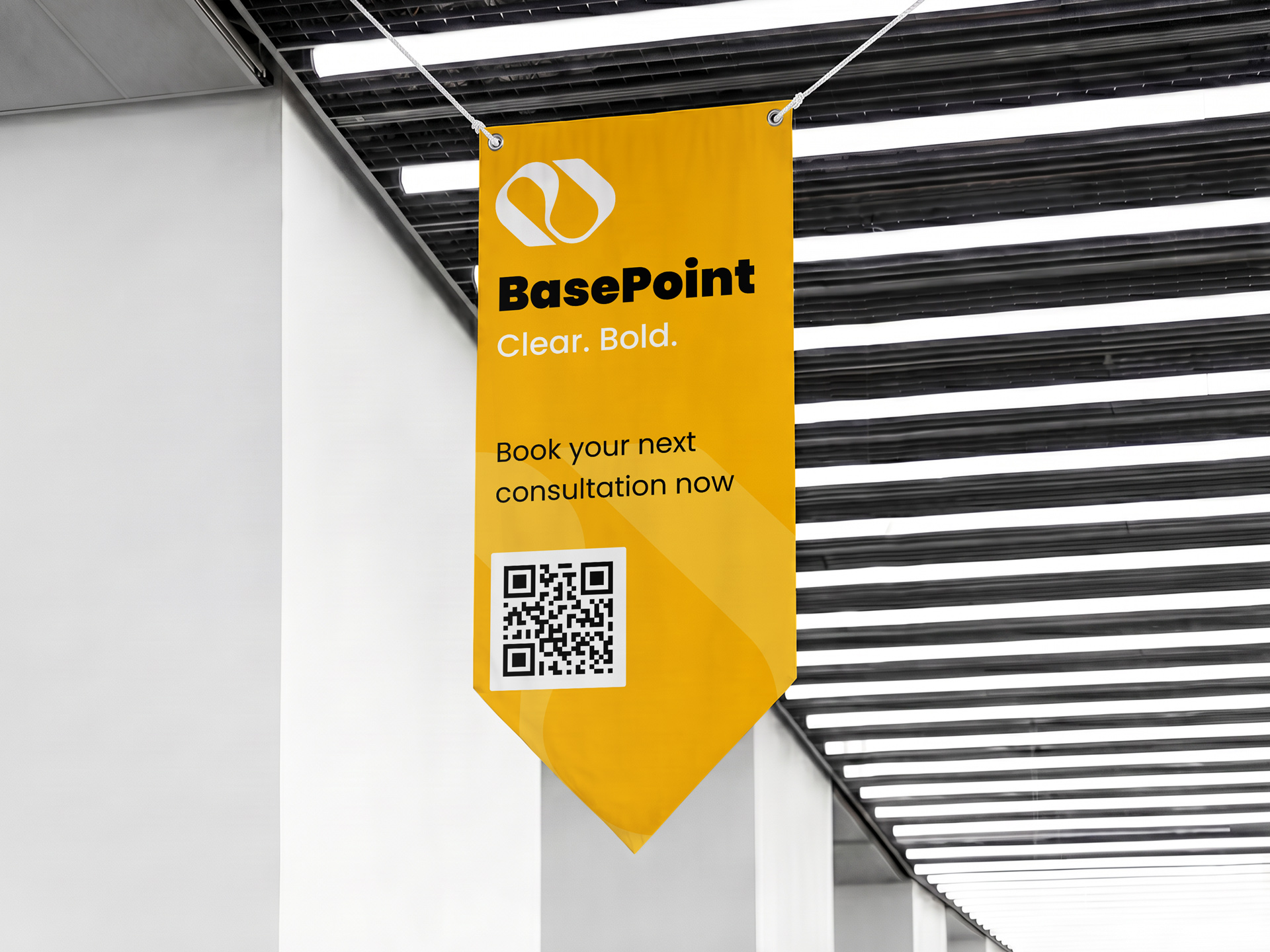 bold pennant banner featuring company logo and messaging