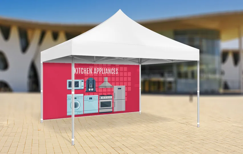 Promotional tent banner illustrating a company name and products attached to a canopy tent.