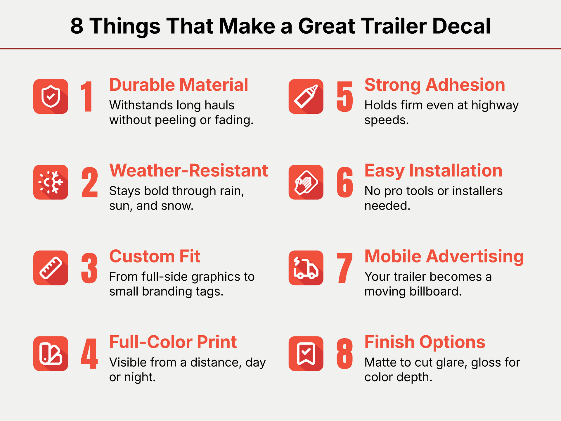 Features of custom-printed trailer decals.