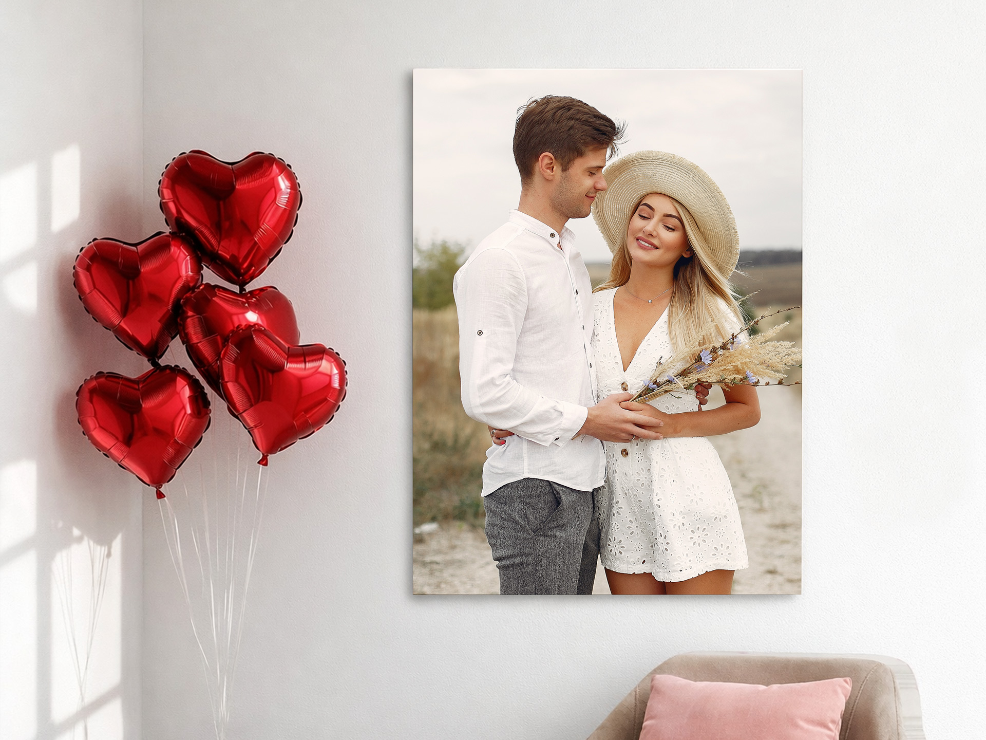 Valentine’s Day acrylic photo print with heart balloons