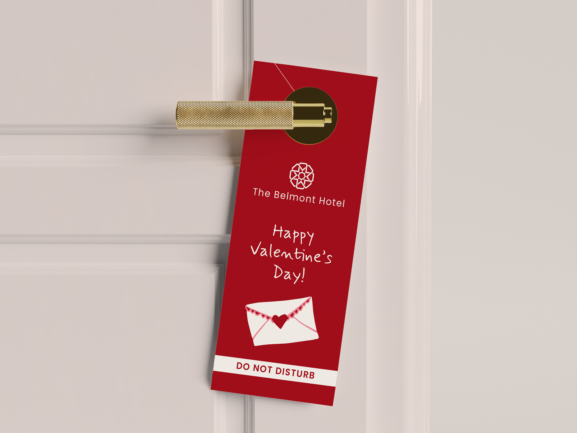 Valentine’s Day hotel room door hanger with do not disturb message