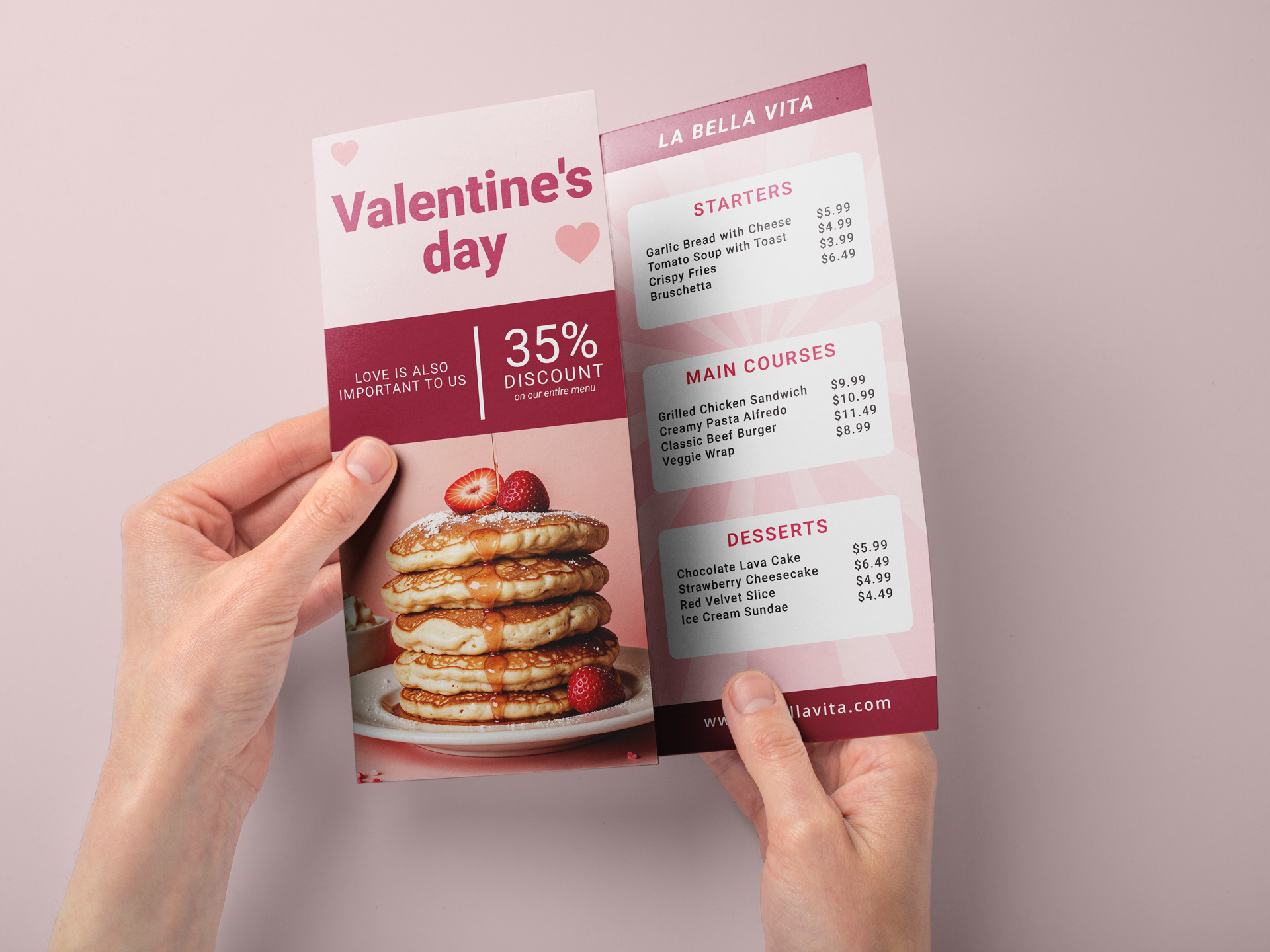 Valentine’s Day restaurant menu brochure with dessert and discounts