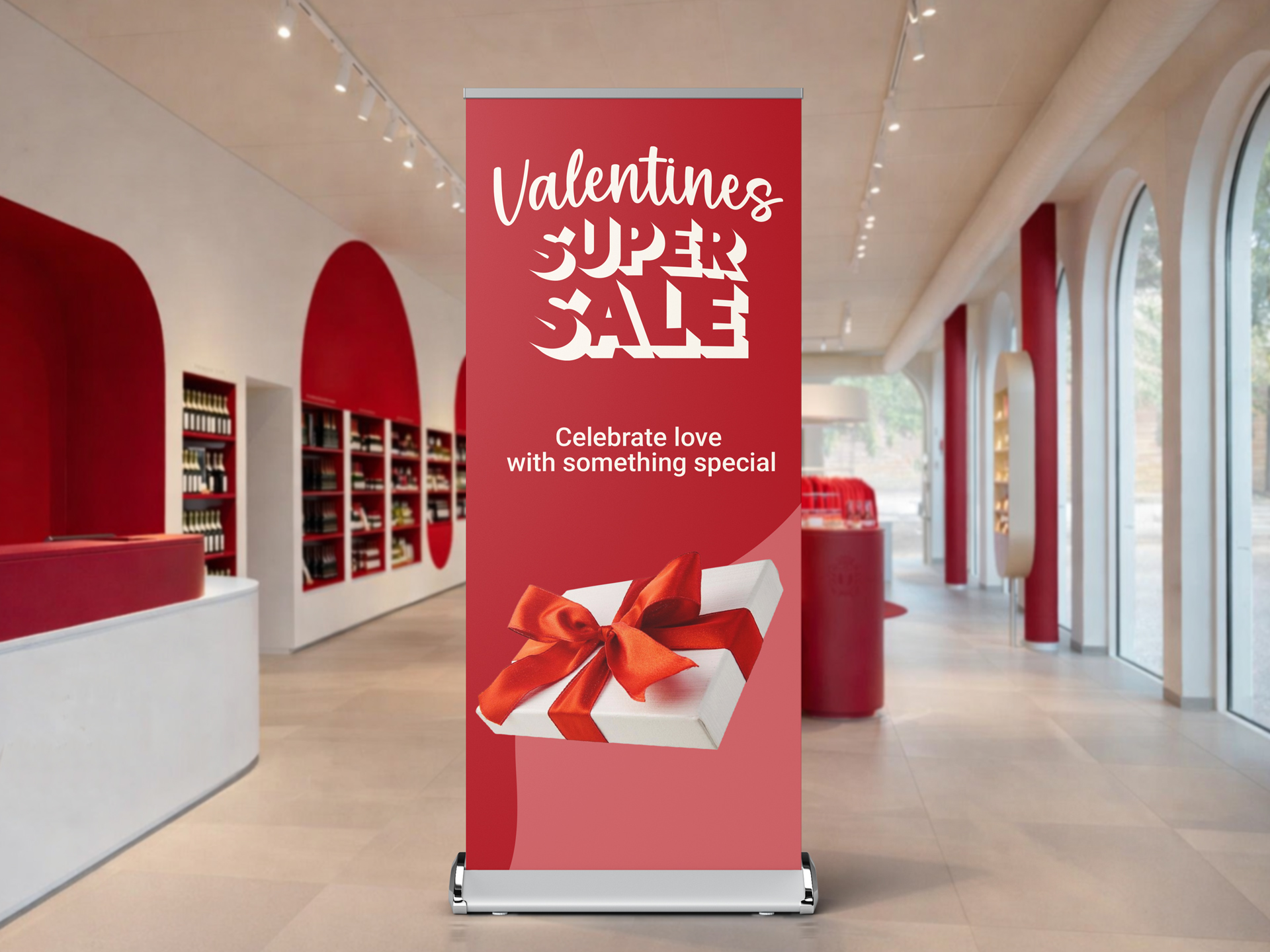 Valentine’s Day retractable banner with gift box graphic