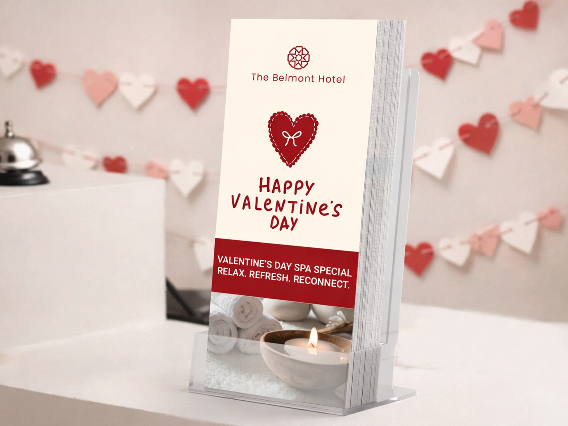 Valentine’s Day spa special rack cards on hotel counter